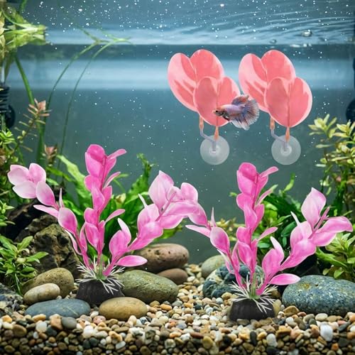 Pink Aquarium Decor, Betta Fish Resting Spot and Feeding Ring for Fish Tank, Small Fish Tank Decor with 4 Pieces of Pink Betta Hammock Plants, 4 Inch Height for Aquarium Decoration