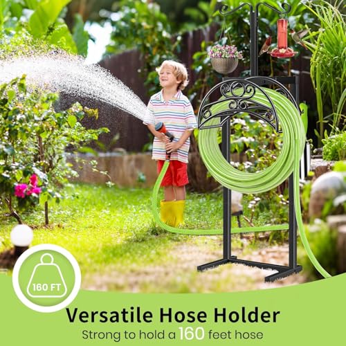 TomCare Garden Hose Holder Upgraded Water Hose Holder Heavy Duty 4 Spikes Hose Hanger Holds 160 Feet Hoses Stable Freestanding Hose Storage Organizer for Outside Yard - color: Deep Black