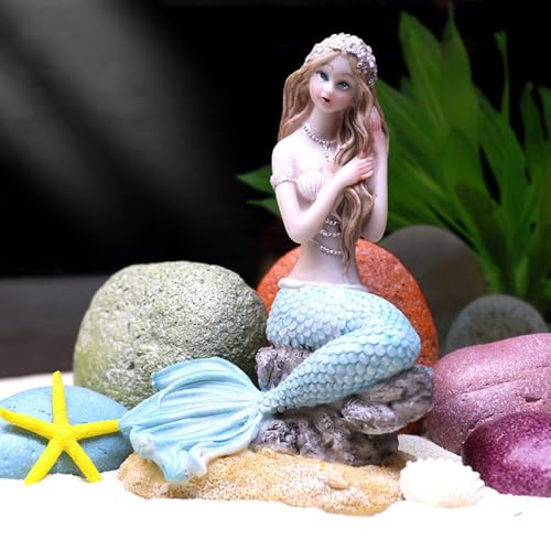 Rayberro 5.71" Mermaid Figurine Resin Mermaid Sculpture Mediterranean Princess Statue Home Office Desktop Ornaments Bookshelf Decor Mermaid Collectible Crafts Fish Tank Aquarium Decoration - color: Blue Sitting1