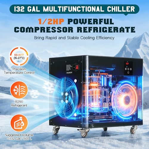 Albott 132 Gal Aquarium Water Chiller, 1/2 HP Fish Tank Chiller with Water Pump & 2 Pipes, Quiet Compressor Aquarium Cooler for Axolotl, Coral, Shrimp Tanks & Hydroponics, 110V Black - size: 1/2 HP