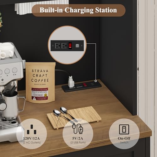 HOSTACK 75.4" Tall Kitchen Pantry Cabinet with Charging Station, Modern White Kitchen Hutch with Microwave Stand and Wine Rack, Large Food Pantry Storage Cabinet with Glass Doors and Drawers, Black - color: Black