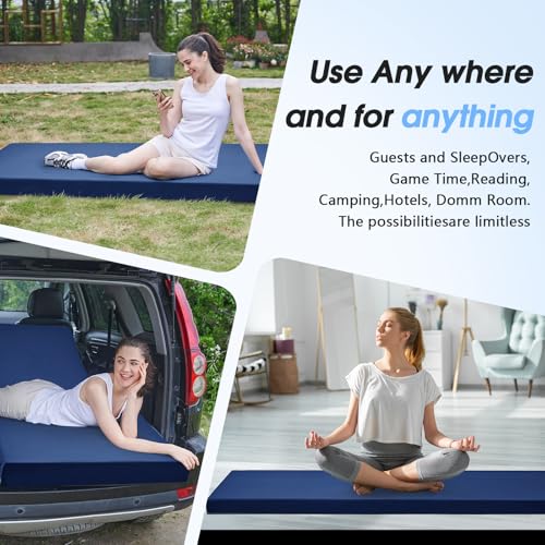 CYMULA 3 Inch Memory Foam Camping Pad, Camping Essentials Roll Up Floor Mat for Car Camping, Cot, Tent, Truck, Travel and Guest Use, Non-Slip Waterproof Bottom, Removable Cover - color: DARK BLUE, size: Twin XL:80*38*3