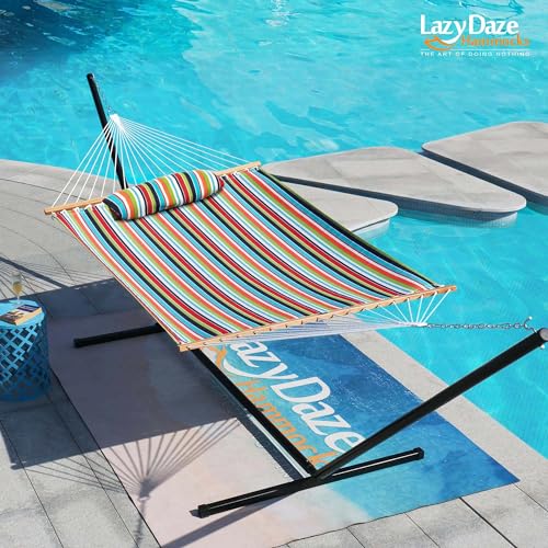Lazy Daze Hammocks 12 FT Sunbrella Fabric Hammock Non-Fading with Spreader Bars and Free Pillow Fits for 2 Persons, All Weather and Fade Resistant for Patio Yard, 450 lbs Capacity, Carousel Confetti - color: Carousel Confetti