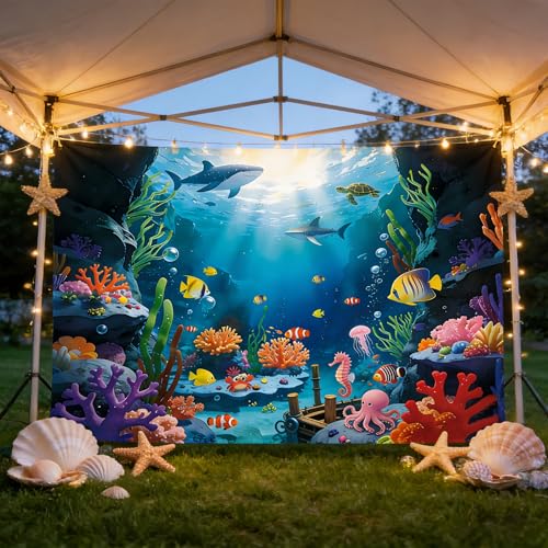 10x6.5Ft Under The Sea Backdrop Polyester Ocean Backdrop Under The Sea Themed Party Decorations for Girls Boys Birthday Party with Ribbon - color: Under The Sea, size: 10×6.5 ft