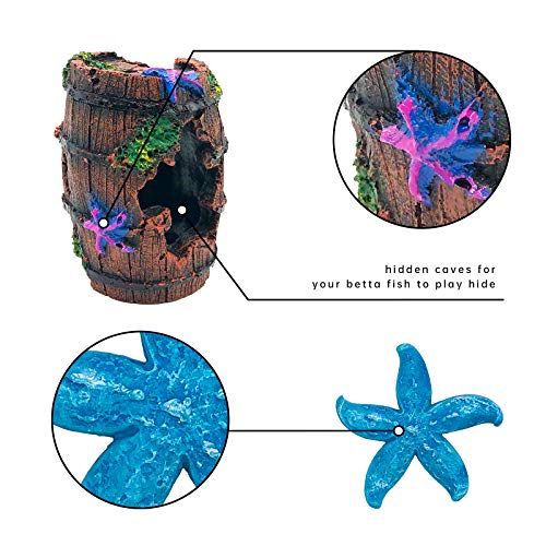 GSD Star-Fish Broken Barrel Decor Resin Betta Tank Accessories Ornaments for Cave Hide Decorations, Broken Barrel x 1pc, Blue Star Fish Ornaments x 2pcs