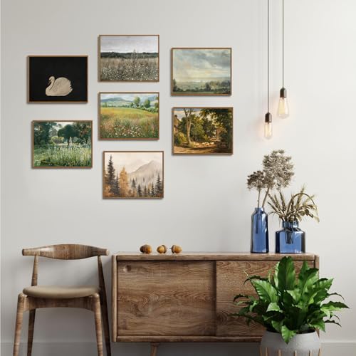 OIQArtOIQ Vintage Framed Wall Art Autumn Mountain Landscape Canvas Art Prints Fall Forest Rustic Farmhouse Pictures Wall Decor Modern Cottagecore Paintings Artwork For Bedroom Bathroom Living Room - color: Fall Trees, size: 8x10 in