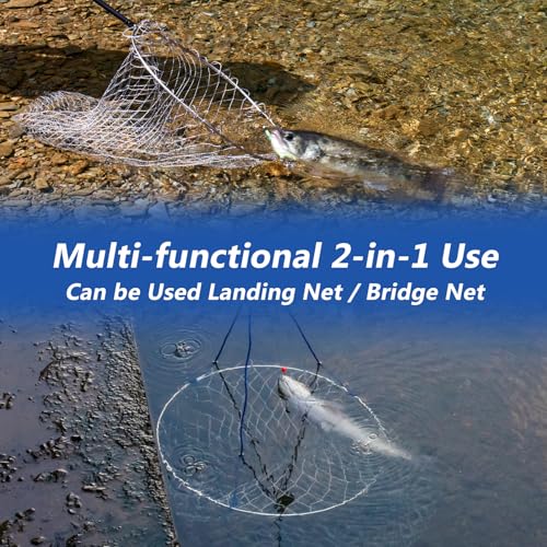 QualyQualy Foldable Pier Fishing Net 23" with Rust-Proof Stainless Steel Ring & Heavy-Duty Poly Mesh | Saltwater & Freshwater Landing Net for Kayak, Bridge Fishing Lightweight Durable Design - color: Gray, size: With Handle