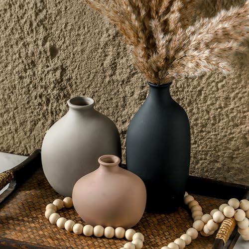 Ceramic Vase Set of 3, Small Modern Rustic Pottery Vases for Home Decor,Farmhouse Flower Vase for Pampas Grass, Dried or Fresh Flowers, Decorative Vases for Living Room, Bedroom, Bookshelf, or Table. - color: 9099-1