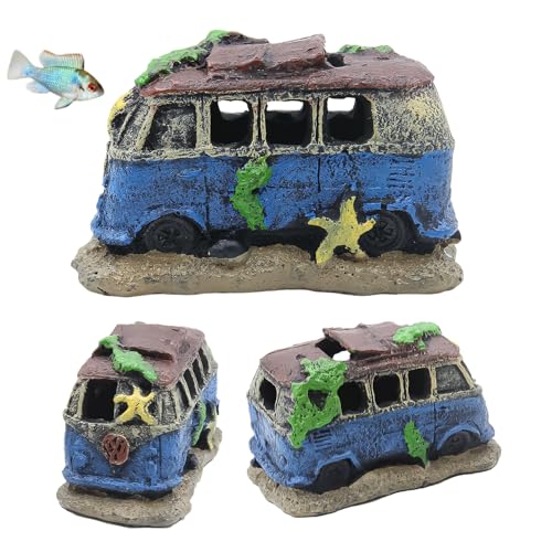 Colorful Resin Fish Tank Ornament with Multiple Hiding Spots, Safe Shelter for Small and Medium Aquariums, Stress-Relief Underwater Decor, Easy to Clean (Old Bus)