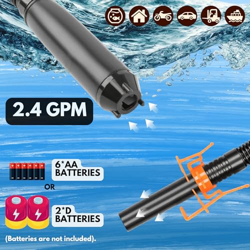 Portable Electric Water & Fuel Transfer Pump - 2.4 GPM Battery Operated Liquid Siphon Pump with Flow Control Nozzle & Extra Long Hose - For Gas, Diesel, Water & Fish Tanks
