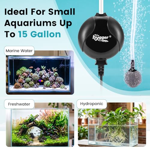 hygger Quiet Mini Air Pump for Aquarium 1.5 Watt Oxygen Fish Air Pump for 1-15 Gallon Fish Tank with Air Stone Air Tubing Clip Black - color: Black