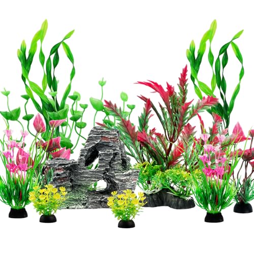 QUOZUO Fish Tank Accessories Aquarium Plants, 12pcs Colorful Fish Tank Artificial Plants and Cave Rock Decor Set, Aquarium Decorations Plants