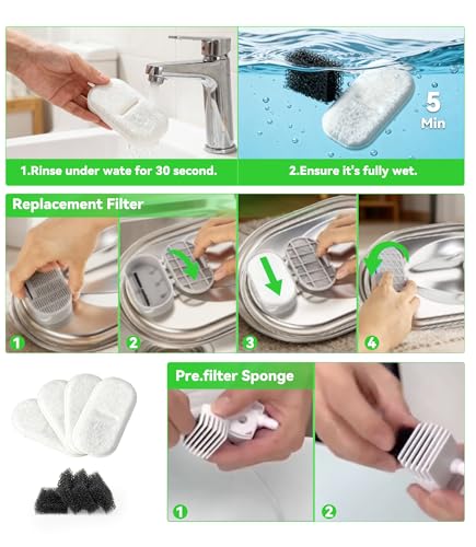 Cat Water Fountain Filter Replacement: 4 Carbon Filters & 4 Foam Sponges Kitty Spout Pump Filters for 108Oz/3.2L & 67Oz/2L Stainless Steel Pet Water Dispenser Cat Dog