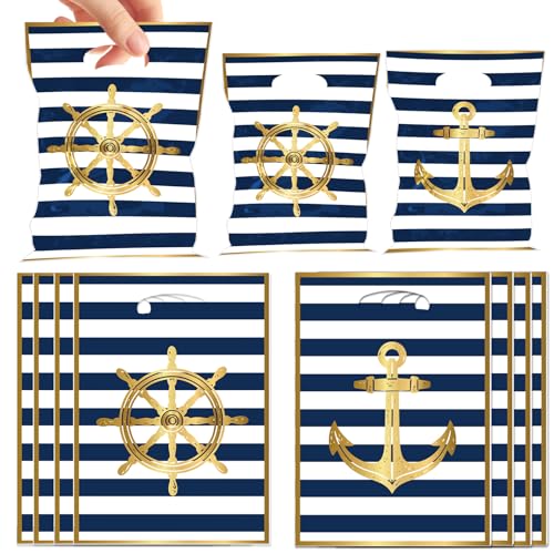 Papiailove 50Pcs Nautical Party Decorations - Nautical Party Plastic Favor Bags with Handles, Ship Anchor Goodie Treat Bags for Cruise Birthday, Sailing Baby Shower, Beach Summer Theme Party Supplies - color: Nautical