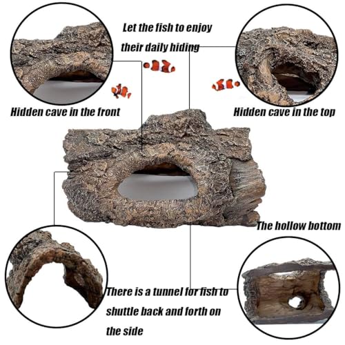 Aquarium Decoration Cave Resin Hollow Tree Trunk Log Terrarium Ornament Fish Tank Hideout for Betta Cichlid Shrimp Small Reptile Gecko