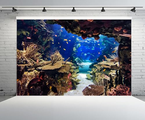 10x8ft Aquarium Backdrop Underwater Coral Plant Tropical Colorful Fish Background Diving Holiday Fishing Mermaid Birthday Party Decoration Photo Props Fish Tank Wallpaper - size: 10x8FT