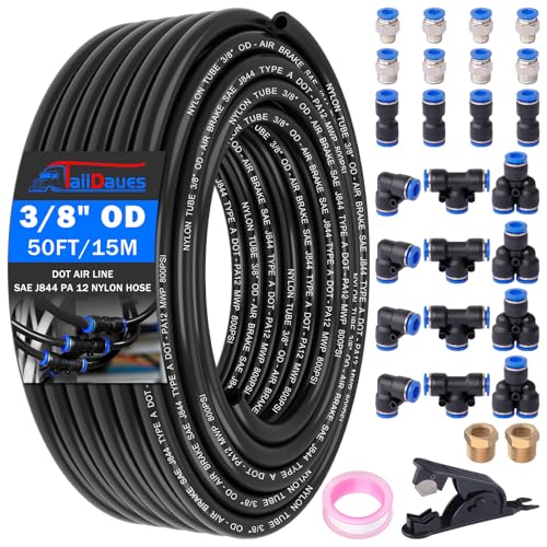 Air Line Tubing Kit, 3/8" OD DOT Air Line 50 FT(15 m) SAE j844 PA Nylon Air Hose Tubing and Push to Connect Fittings for Air Brake System Or Fluid Transfer, 29 Pcs Compressed Accessories Kit