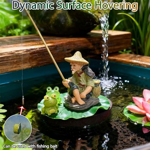 Floating Fish Tank Decorations, Mini Fisherman Aquarium Decor with Lotus Leaf and Fishing Rod, Floating Aquarium Ornaments with Interactive Feeder for Small Fish
