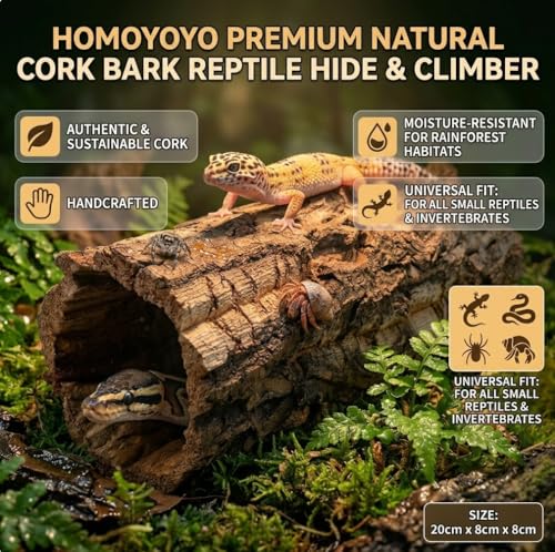 Homoyoyo Natural Cork Bark Round Reptile Hideout-hollow Tree Trunk Climbing Hide-wooden Terrarium Decor Shelter Cave for Gecko Lizard Snake Spiders Hermit Crab Habitat Accessories-rainforest Terrarium - color: Coffee