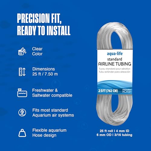 Penn-Plax Aqua-Life Standard Airline Tubing - 3/16 Inch Flexible Airline Hose for Aquarium Pumps, Fish Tank Line for Air Stones & Filters - Safe for Freshwater & Saltwater - 25 ft Long, Clear - size: 25 Feet, style: Plastic