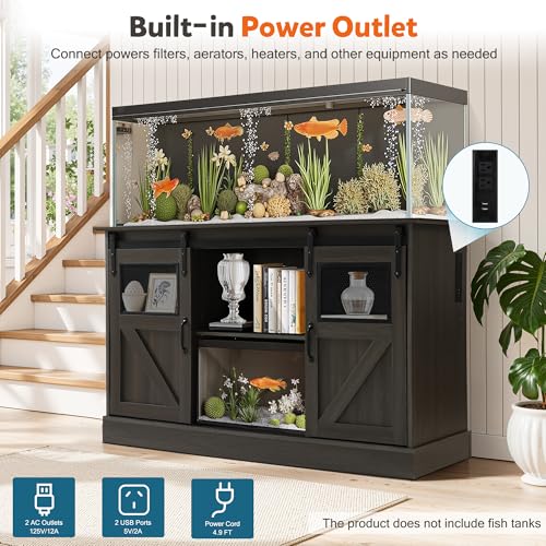 Fish Tank Stand with Power Outlet, Aquarium Stand w/Sliding Barn Doors, 55-75 Gallon Fish Tank Stand w/Cabinet for Accessories Storage for 2 Fish Turtle Tank Reptile Terrarium, 1000 LBS (Gray) - color: Gray