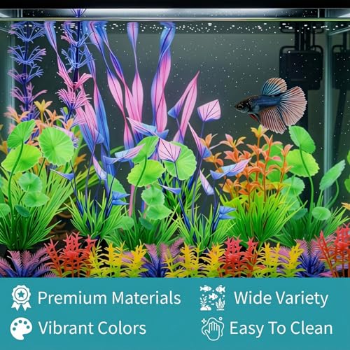 Aquarium Decorations Plants - 24pcs Colorful Artificial Aquariums Plant Decorations Plastic Aquatic Accessories Kit for Fish Tank Decor Betta Goldfish Turtle