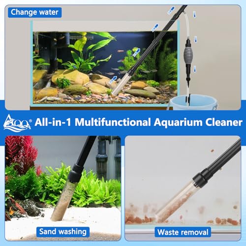 AQQA Gravel Vacuum for Aquarium Siphon - Adjustable Flow Fish Tank Cleaner with Handle, Manual Siphon Pump Water Changer Sand Rock Suction Cleaner, Upgraded Hard Hose with Threaded Connection (S) - size: S for tanks under 17" deep