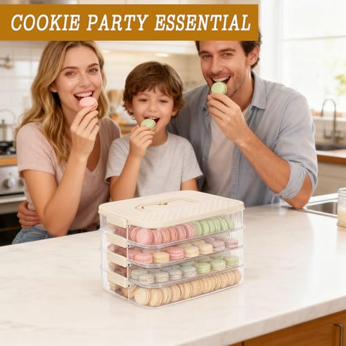 4-Layer Stackable Cookie Airtight Storage Containers with Lids, Portable Plastic Cookie Storage Case Snack Containers for Desserts, Cupcakes, Snacks, Dumplings, Fruit- Beige Lid
