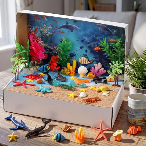 60 Pcs Ocean Diorama Kit Habitat Project Box Set 3D Ocean Diorama Supplies Include Under The Sea Animals Figures Artificial Coral Seagrass with Cardboard for DIY Crafts Gifts - color: Classic