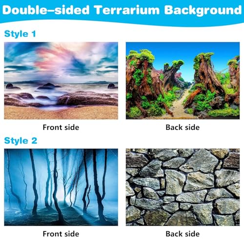 PINVNBY 2 Pack Reptile Terrarium Background 32 x 20 inches Double-Sided Reptile Tank Background Polyester Reptile Habitat Decor with Tape Green Plants & Natural Rock Aquarium Decoration - size: S: 32" x 20"
