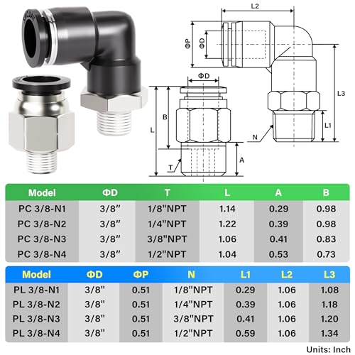 TAILONZ PNEUMATIC Elbow and Straight Combination 3/8 Inch Tube OD x 1/8 Inch NPT Thread Push to Connect Fittings PC-3/8-N1+PL-3/8-N1(Pack of 12) - size: 3/8"OD x 1/8"NPT