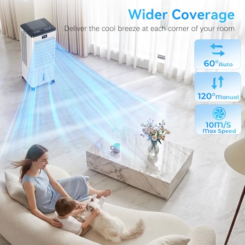 Portable Air Conditioners,3-in-1 Evaporative Air Cooler,4 Modes 3 Speeds Blow Cold Air, 120°Oscillation, LED Display, 12H Timer, Windowless Portable AC w/ 8L Tank & Remote for Home Bedroom Office