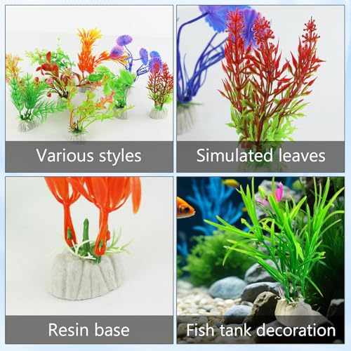 10Pcs Aquarium Artificial Plastic Plants, Colorful Fake Fish Tank Decorations with Ceramic Base, Realistic Aquarium Plants Suitable for Aquarium Landscape and Fish Hideout (Colorful) - color: Colorful