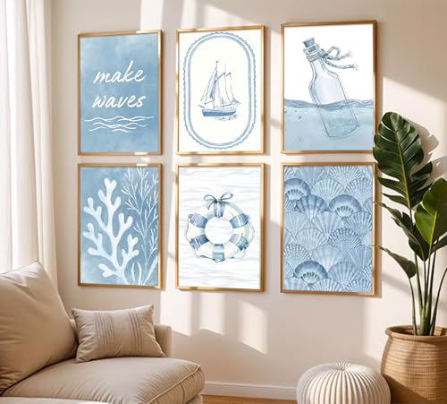 Nautical Canvas Wall Art, 6Pcs Ocean Theme Wall Decor Pictures, Blue Coastal Poster Prints with Drift Bottle, Sailboat, Coral for Living Room Study Beach House Home Decoration 12x16inch Unframed - color: Sailboat, size: 12x16in