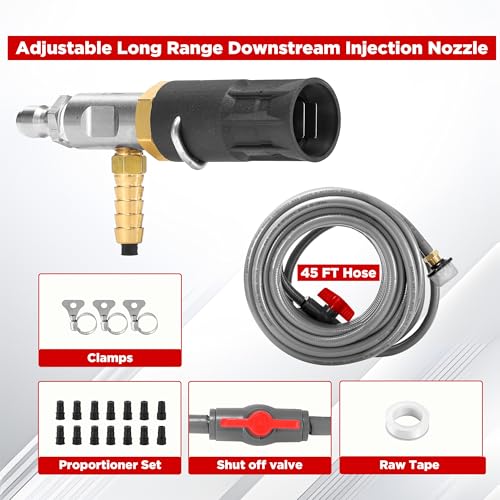 Adjustable Long-Range External Chemical Injection for Pressure Washer, Downstream Injector Nozzle Kit 4-4.5 GPM, 1/4" Quick Connect/15FT Siphon Hose, 2500 to 4000 PSI - size: 15 FT Hose, style: 4-4.5 GPM