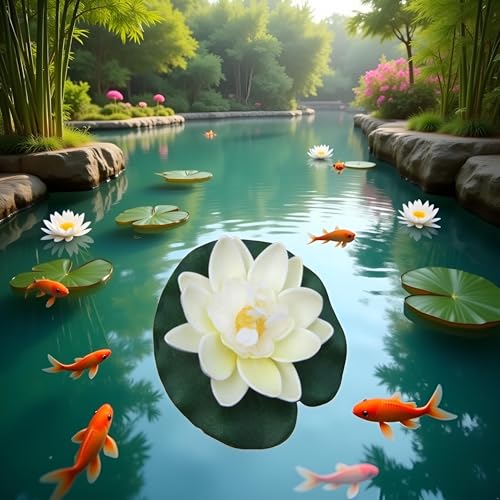 2Pcs Artificial Floating Foam Lotus Flowers White with Water Lily Pad Ornaments,for Patio Koi Pond Pool Aquarium Home Garden Wedding Party Holiday Decoration Water Gardens and Ponds