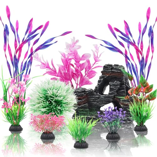 QUOZUO Fish Tank Accessories, Aquarium Fish Tank Plastic Plants and Cave Rock Decorations Set 10 Pieces, Small and Large Artificial Aquarium Plants with Cave Rock