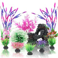 QUOZUO Fish Tank Accessories, Aquarium Fish Tank Plastic Plants and Cave Rock Decorations Set 10 Pieces, Small and Large Artificial Aquarium Plants with Cave Rock