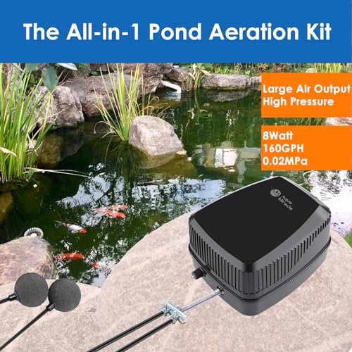 AquaMiracle All-in-One Koi Pond Aerator for Outdoor Ponds up to 1500 Gallons, Pond Air Pump Pond Aeration System with 2-Outlet Manifold Airline Tubing Air Stones Check Valves - size: Up to 1500 Gallon