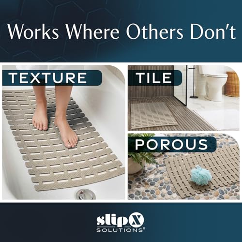 SlipX Solutions Weighted Non Slip Bath Mat for Textured Tub & Shower Surfaces, Patent Pending, Anti Slip Bathtub Safety Without Suction Cups, Doesn’t Float, Works on Tile & Stone 31” x 15”, Tan - color: Tan