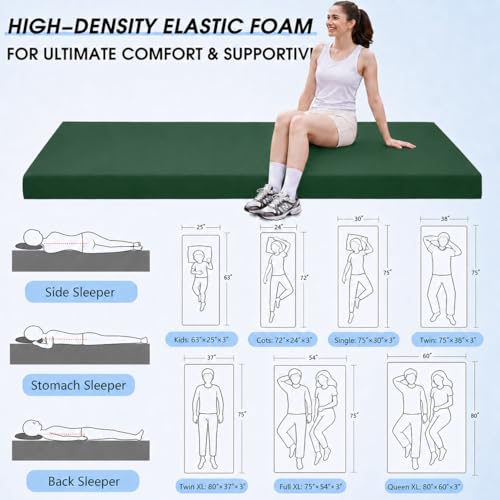 CYMULA 3 Inch Memory Foam Camping Pad, Camping Essentials Roll Up Floor Mat for Car Camping, Cot, Tent, Truck, Travel and Guest Use, Non-Slip Waterproof Bottom, Removable Cover - color: DARK GREEN, size: Small Cot:63*25*3