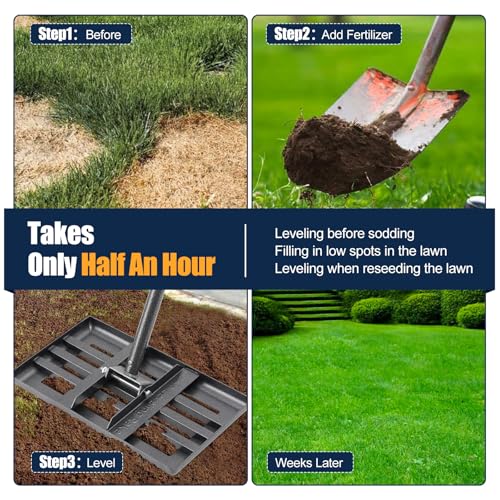 80" Heavy Duty Lawn Leveling Rake - 17x10in Stainless Steel Grading Tool with Ergonomic Adjustable Handle | Professional Grass Soil Leveler for Golf Courses, Backyards & Sports Fields