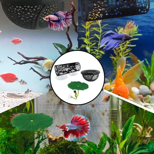 3-Piece Set Fish Tank Decor, Large Black and Small Black Decorations with Lotus, Betta Fish Toys for Aquarium, Beta Hammock for Fish Tank