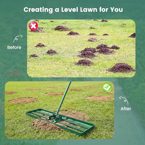 Goplus Lawn Leveling Rake, 36" x 10" Heavy Duty Level Lawn Tool w/ Ergonomic Handle for Soil, Effort-Saving Landscape Rake for Garden, Backyard, Golf Course, Farm, Pasture - style: 36" x 10", Green