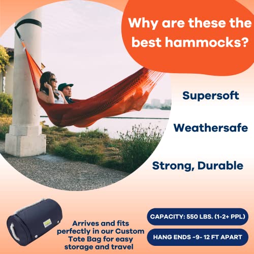 Handwoven Hammock by Yellow Leaf Hammocks - Family Size, Fits 2+ PPL, 550lb max - Weathersafe, Super Strong, Easy to Hang, Ultra Soft, Artisan Made - Color: Red - Orange - color: Sedona- Red and Orange, size: Fits 1-2+ People (550 lb. Capacity)