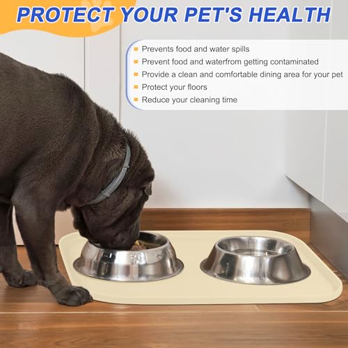 SMILOOL Silicone Pet Food Mat with Raised Edge for Food and Water Bowl, Dog Feeding Mats, Cat Food Trays for Floor Waterproof, Rubber Tray for Dogs and Cats, 24 x 16 x 0.8 White Sand(Yellow Cast) - color: White Sand (Yellow Cast), size: 24"L x 16"W