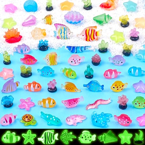 60 Pcs Luminous Mini Resin Ocean Animal Figures Glow in the Dark Small Little Tiny Fish Seashell Coral Miniature Figurines for Crafts Fairy Garden Accessories Micro Landscape Aquarium Decor