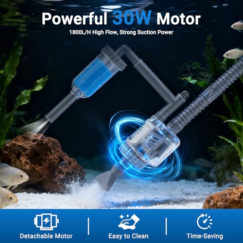 Aquarium Vacuum Gravel Cleaner, 6 in 1 30W Electric Fish Tank Cleaner with Adjustable Length, Automatic Removable Vacuum for Aquarium Change Water, Wash Sand, Water Filter and Waste Circulation