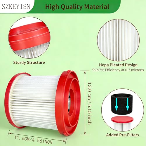 4 Pack HEPA Filter Replacement Kit, Compatible with 49-90-1900 Wet/Dry Vacuum Cleaners, Includes 4 Filters, 4 Foam Sleeves & 1 Cleaning Brush, Washable Reusable