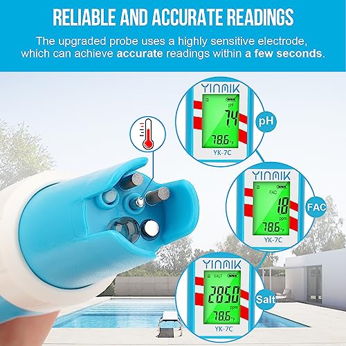7 in 1 Chlorine Meter Digital Chlorine pH Tester Salt pH Meter for Saltwater Pool pH Conductivity for Hydroponic Drink Water TDS Meter YINMIK pH Chlorine Salinity EC TDS ORP Temp Reader for Aquarium - color: Blue pH meter